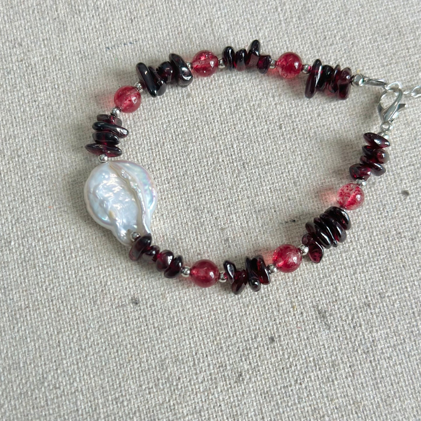 Garnet With Strawberry Quartz And Baroque Pearl Beaded Bracelet