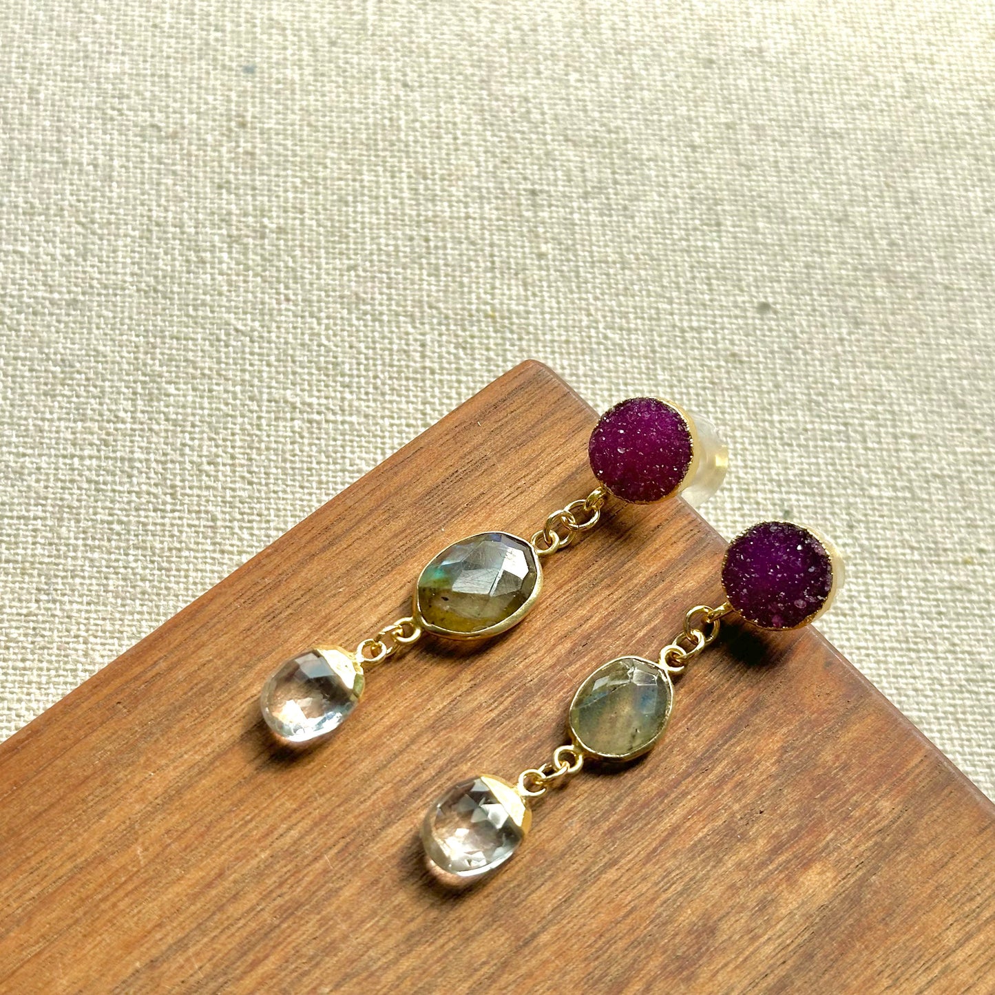 Labradorite And Clear Quartz Druzy Stud Gold-plated Earring