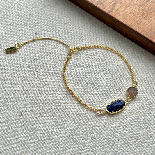 Lapis And Druzy Adjustable Gold-plated Sterling Silver Bracelet