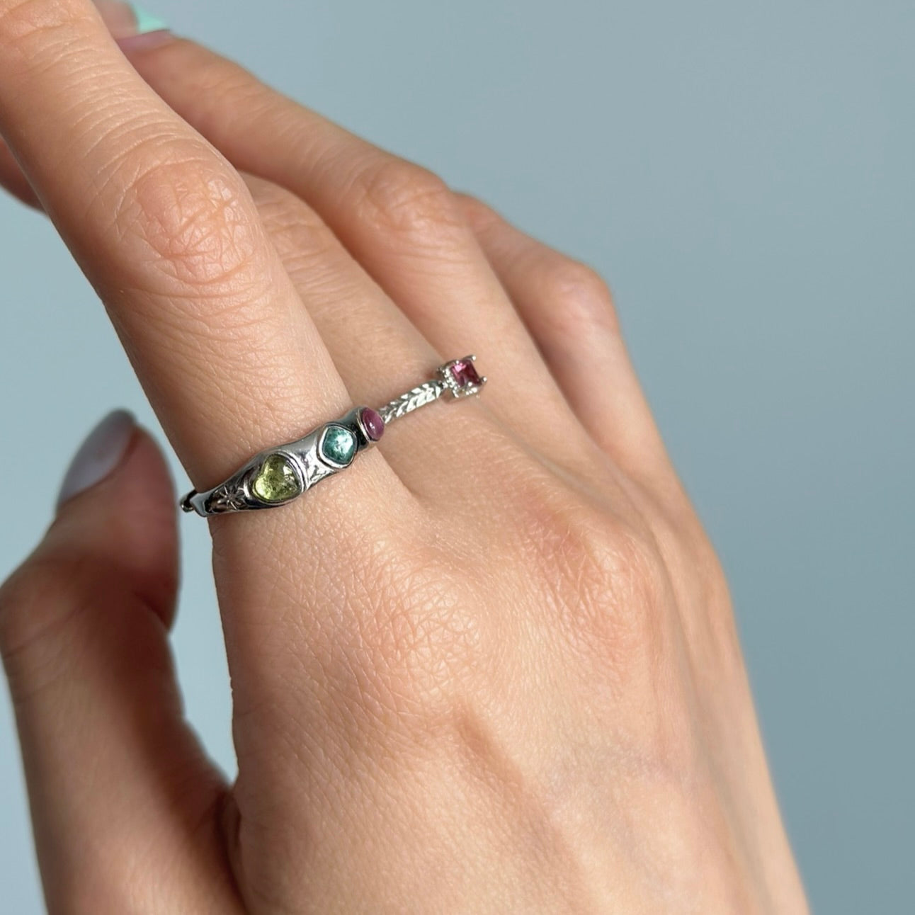 Pink Tourmaline Square Adjustable Sterling Silver Ring