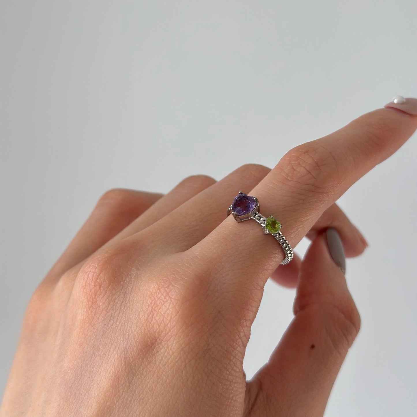 Amethyst And Peridot Heart Adjustable Sterling Silver Ring