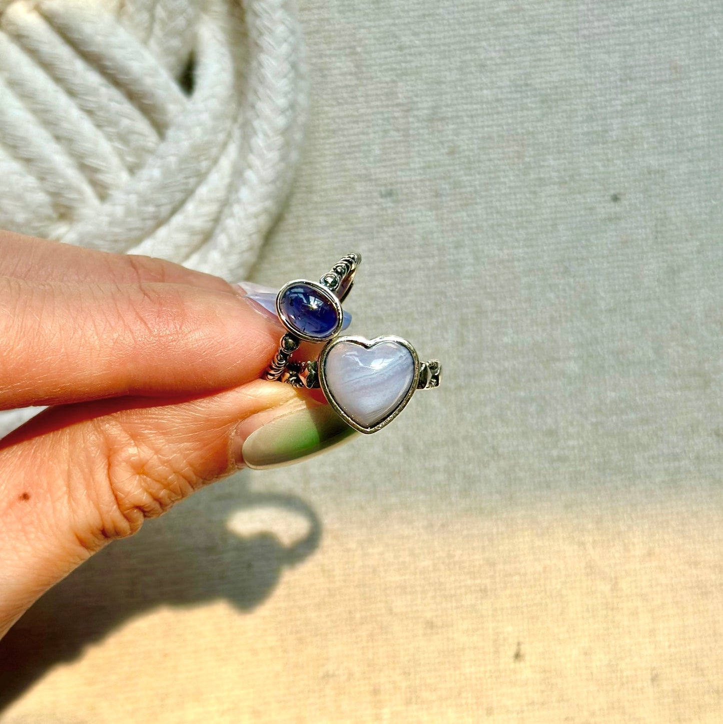 Blue Lace Agate Heart Adjustable Sterling Silver Ring