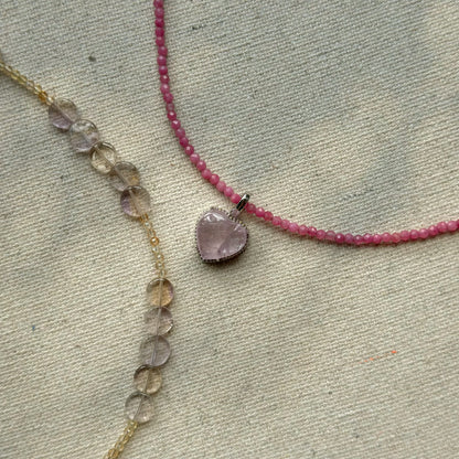 Two-way Kunzite Heart And Ruby Beaded Necklace