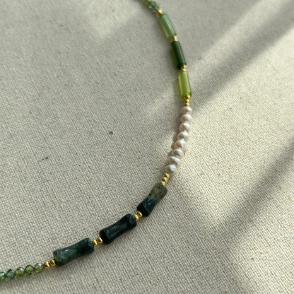 Green Agate And Prehnite Mixed Freshwater Pearl Beaded Two-way Necklace