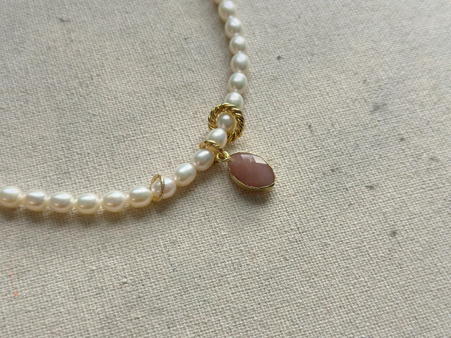 Freshwater Pearl Oval Shape Beaded And Sunstone Necklace