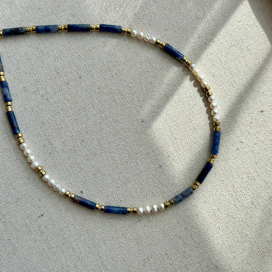 Sodalite And Freshwater Pearl Beaded Necklace