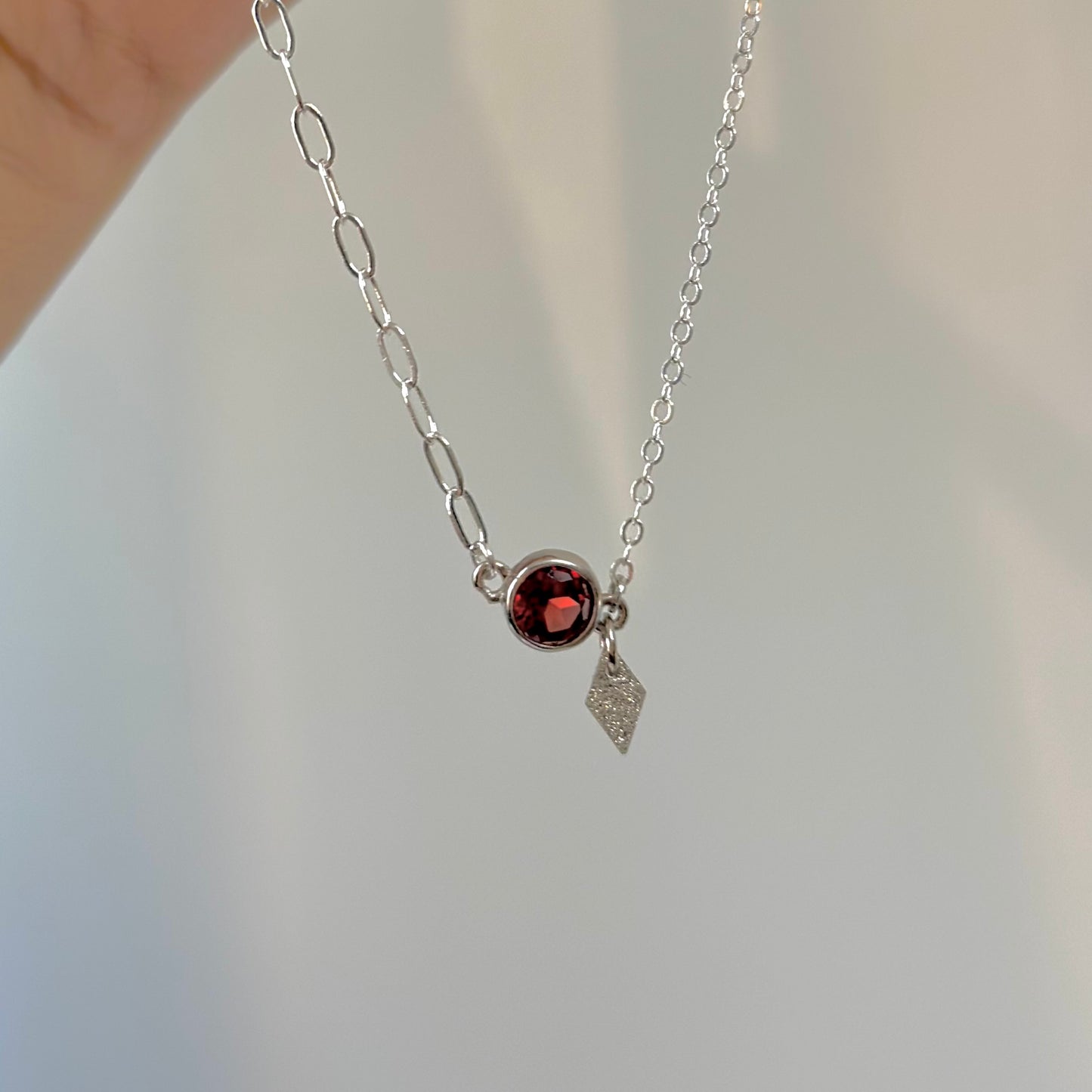 Garnet January Birthstone Asymmetric Sterling Silver Necklace