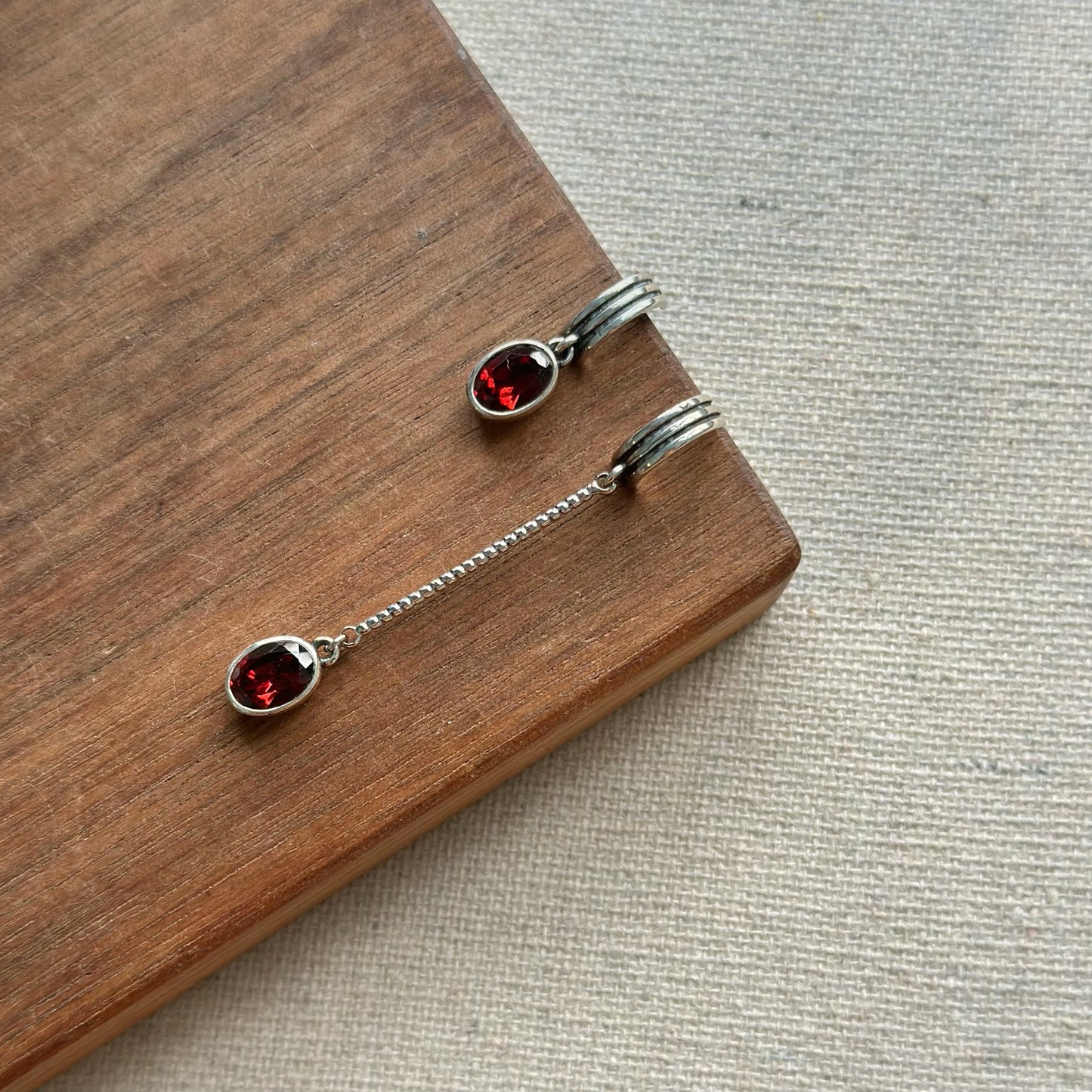 Garnet Dangling Bezel Set Sterling Silver Ear Hoop