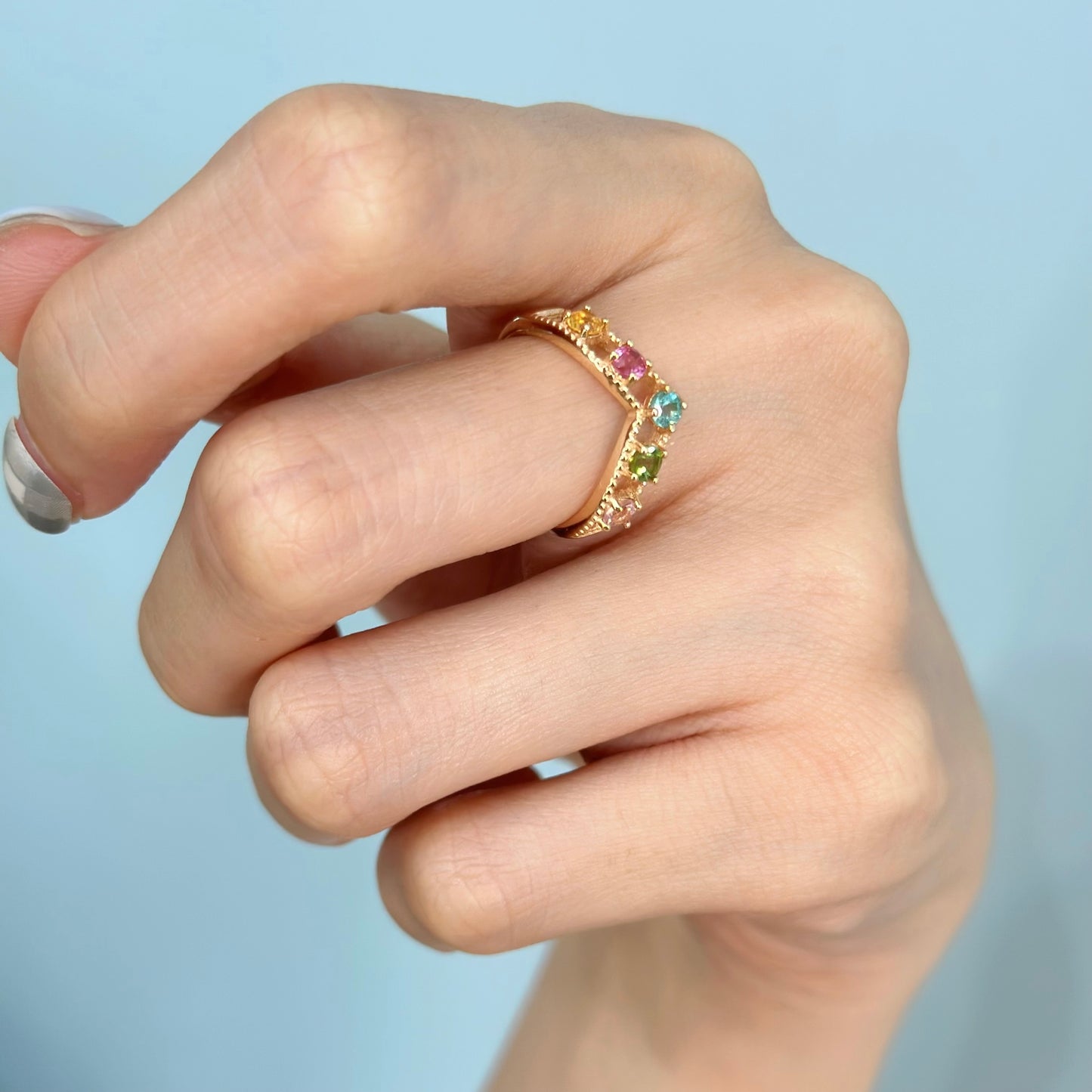 Mixed Tourmaline V-shaped Adjustable Gold-plated Ring