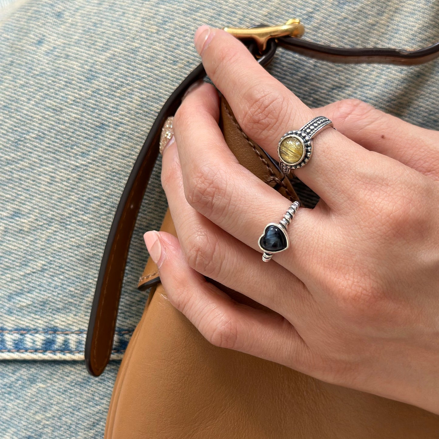 Round Golden Rutilated Quartz Adjustable Sterling Silver Ring