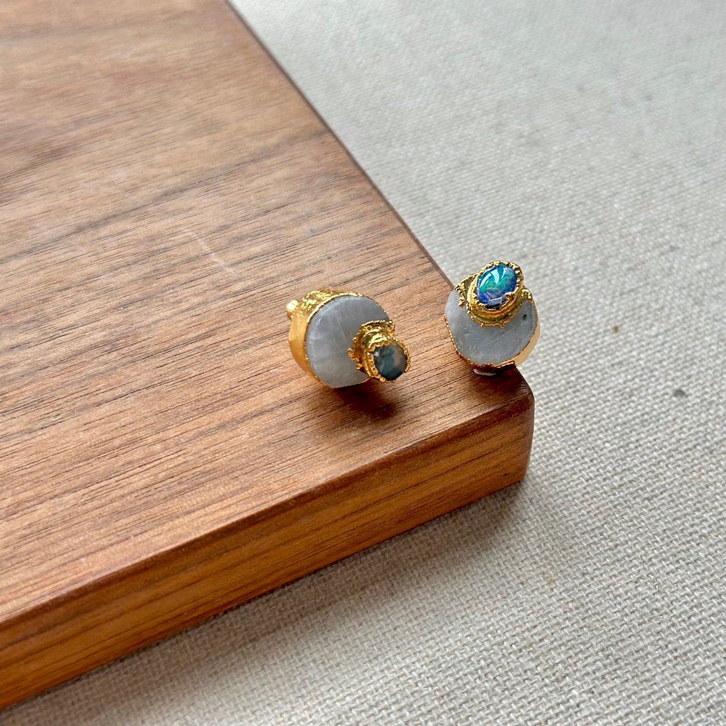 Opal And Moonstone Raw Stone Gold-plated Ear Stud