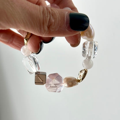 Rose Quartz and Clear Quartz Mixed Smoky Quartz Beaded Stretched Bracelet