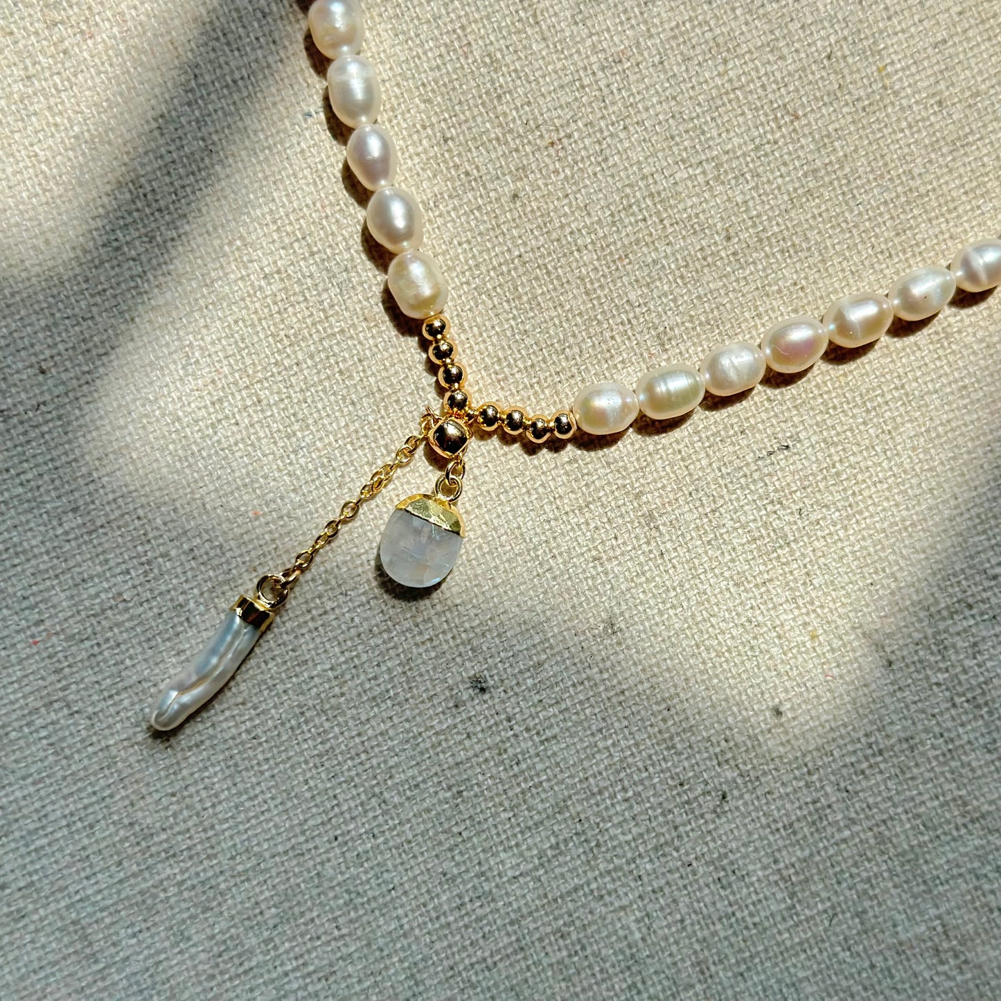 Moonstone With Freshwater Pearl And Gold-plated Beaded Choker Necklace