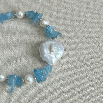 Aquamarine And Baroque Pearl Beaded Bracelet