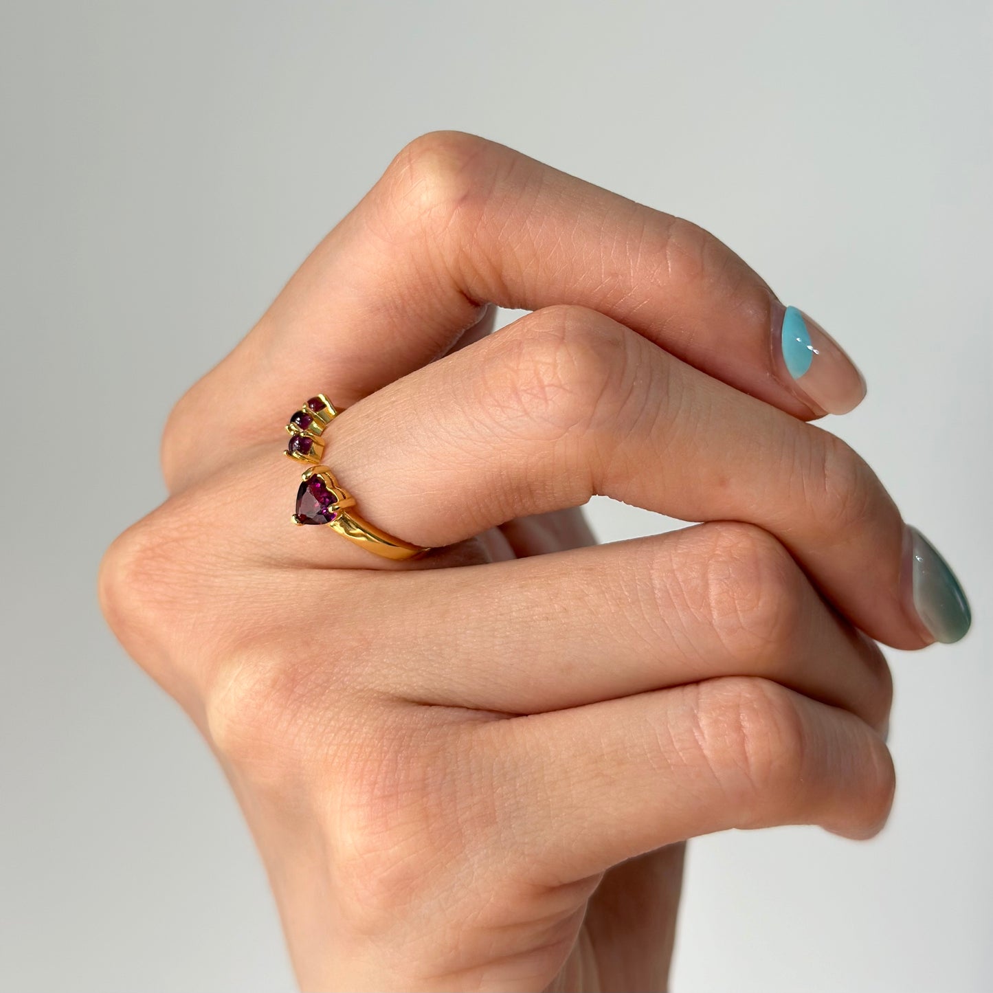 Garnet Heart Front Open Adjustable Gold-plated Sterling Silver Ring