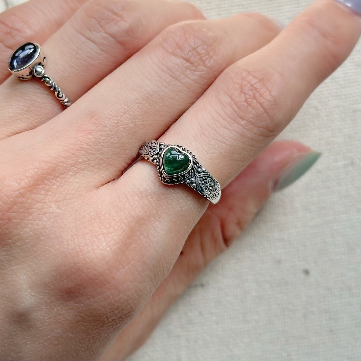 Green Tourmaline Heart Adjustable Sterling Silver Ring