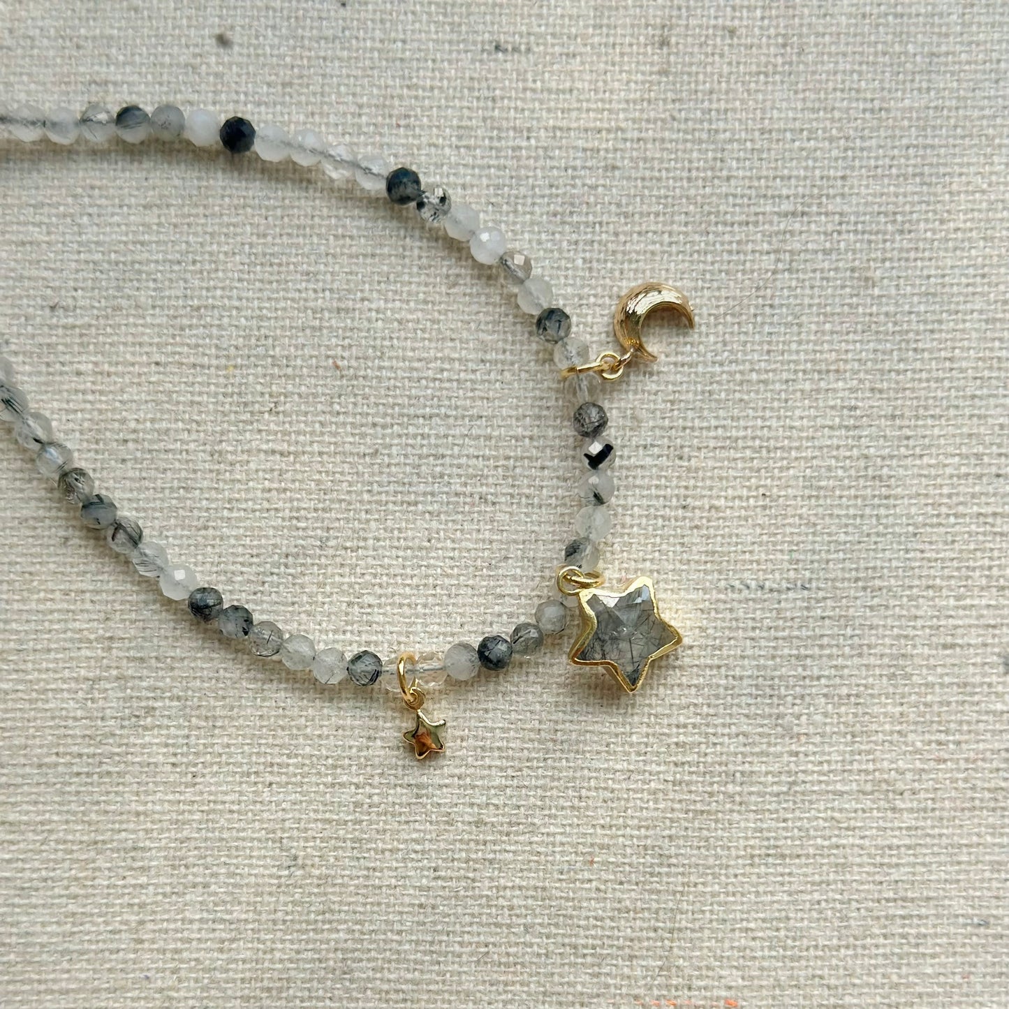 Black Rutilated Quartz Beaded And Star Bracelet