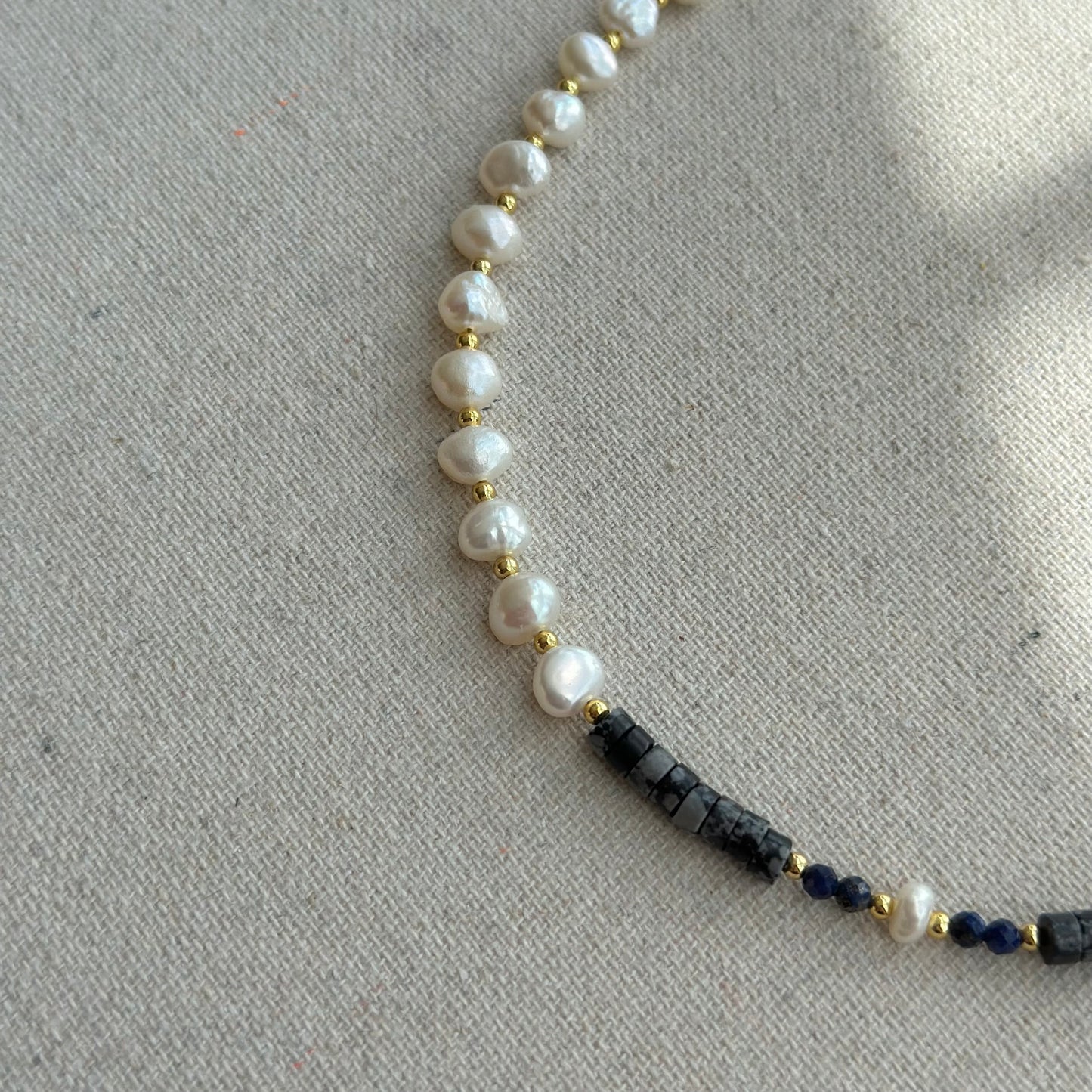 Dalmatian Jasper Mixed Lapis And Freshwater Pearl Beaded Necklace