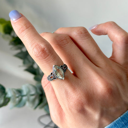 Green Amethyst Lace Cutout Adjustable Sterling Silver Ring