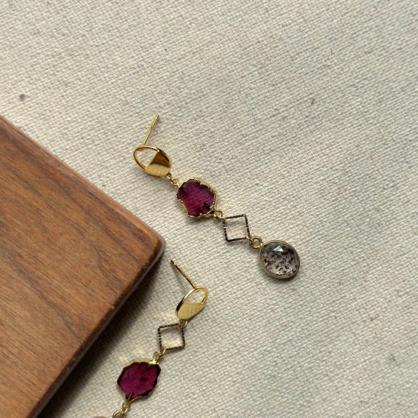 Garnet Raw Stone And Super Seven Geometric Gold-plated Earring