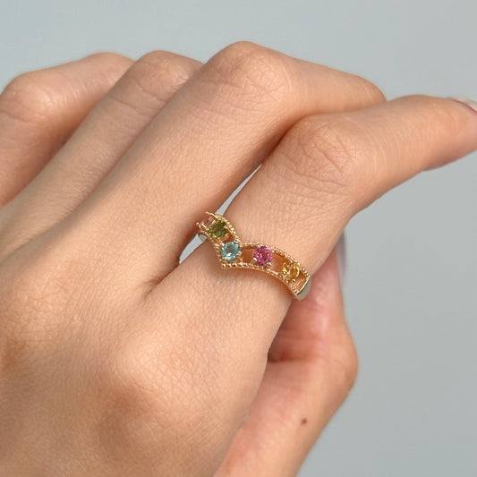 Mixed Tourmaline V-shaped Adjustable Gold-plated Ring