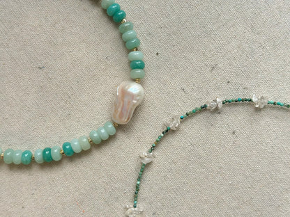 Amazonite And Baroque Freshwater Pearl Beaded Choker Necklace