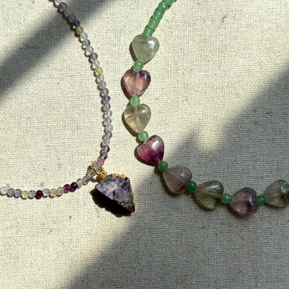 Green Agate And Fluorite Heart Beaded Necklace