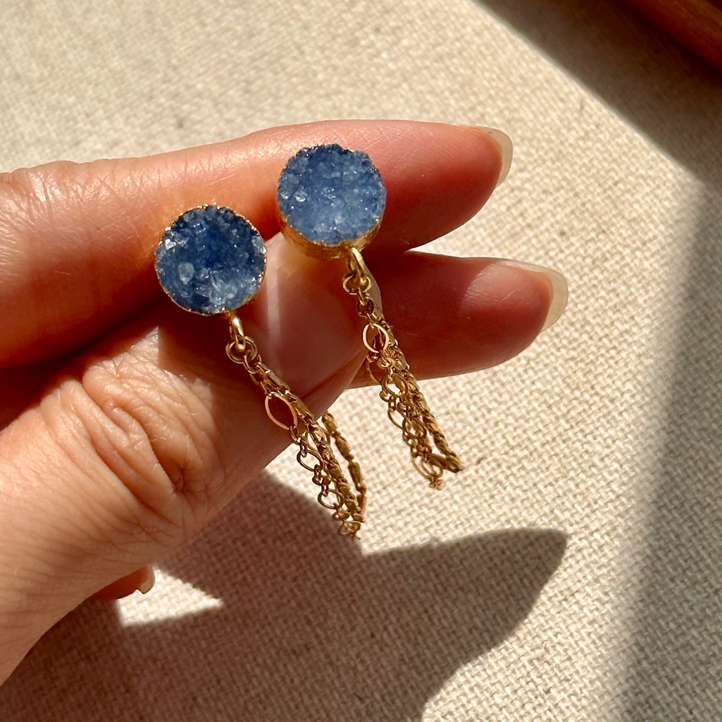 Blue Druzy And Chain Hoop-like Gold-plated Earring