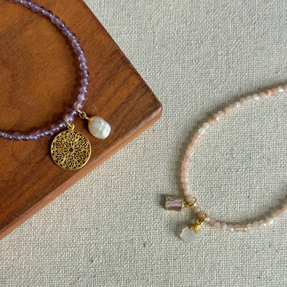 Sunstone Beaded And Rhodochrosite Bracelet