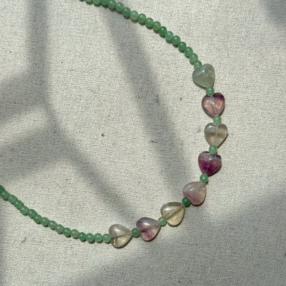 Green Agate And Fluorite Heart Beaded Necklace