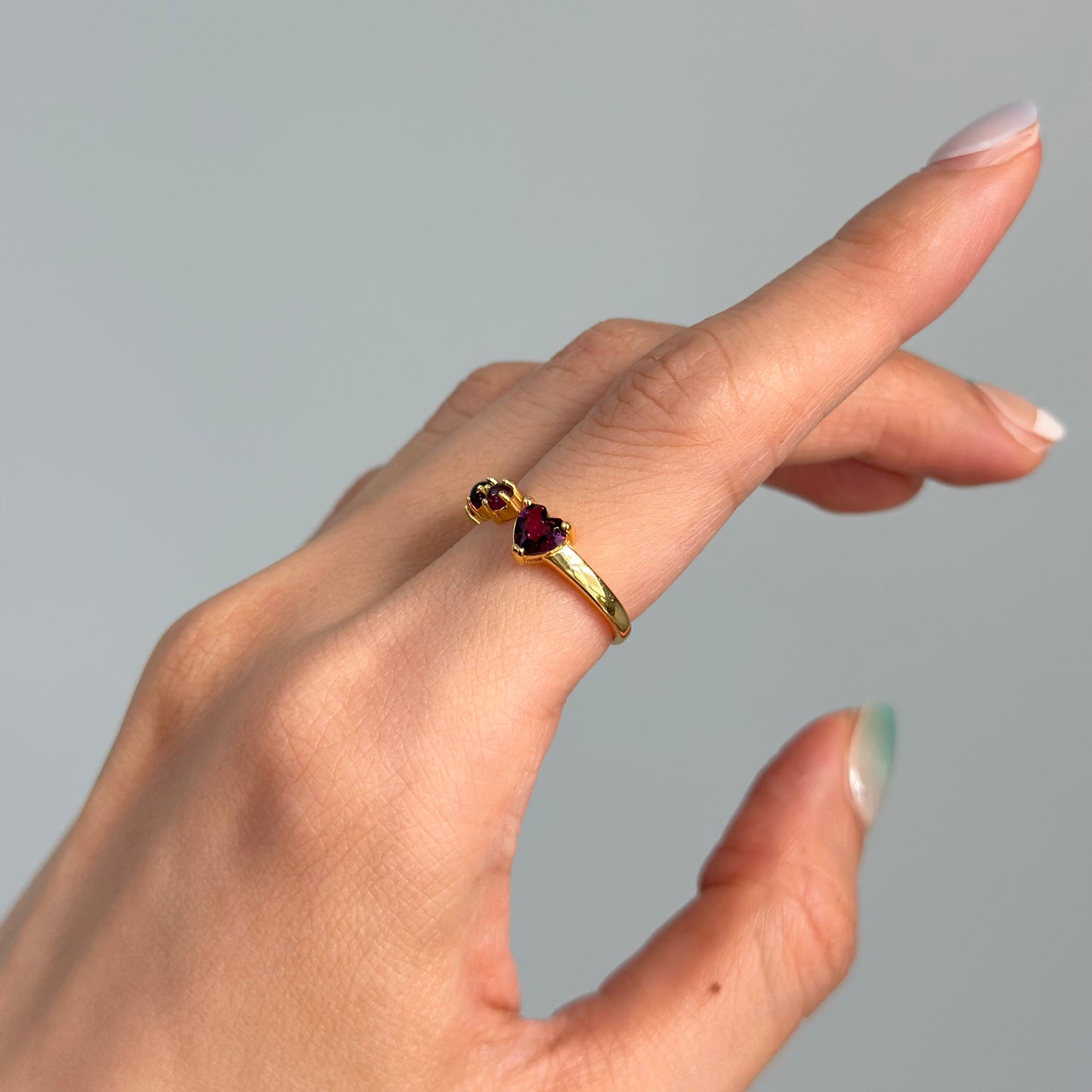 Garnet Heart Front Open Adjustable Gold-plated Sterling Silver Ring