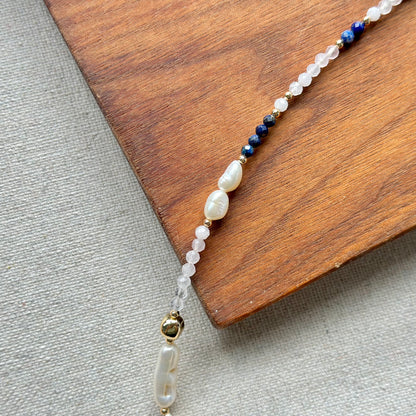 Moonstone And Lapis Mixed Freshwater Pearl Beaded Necklace