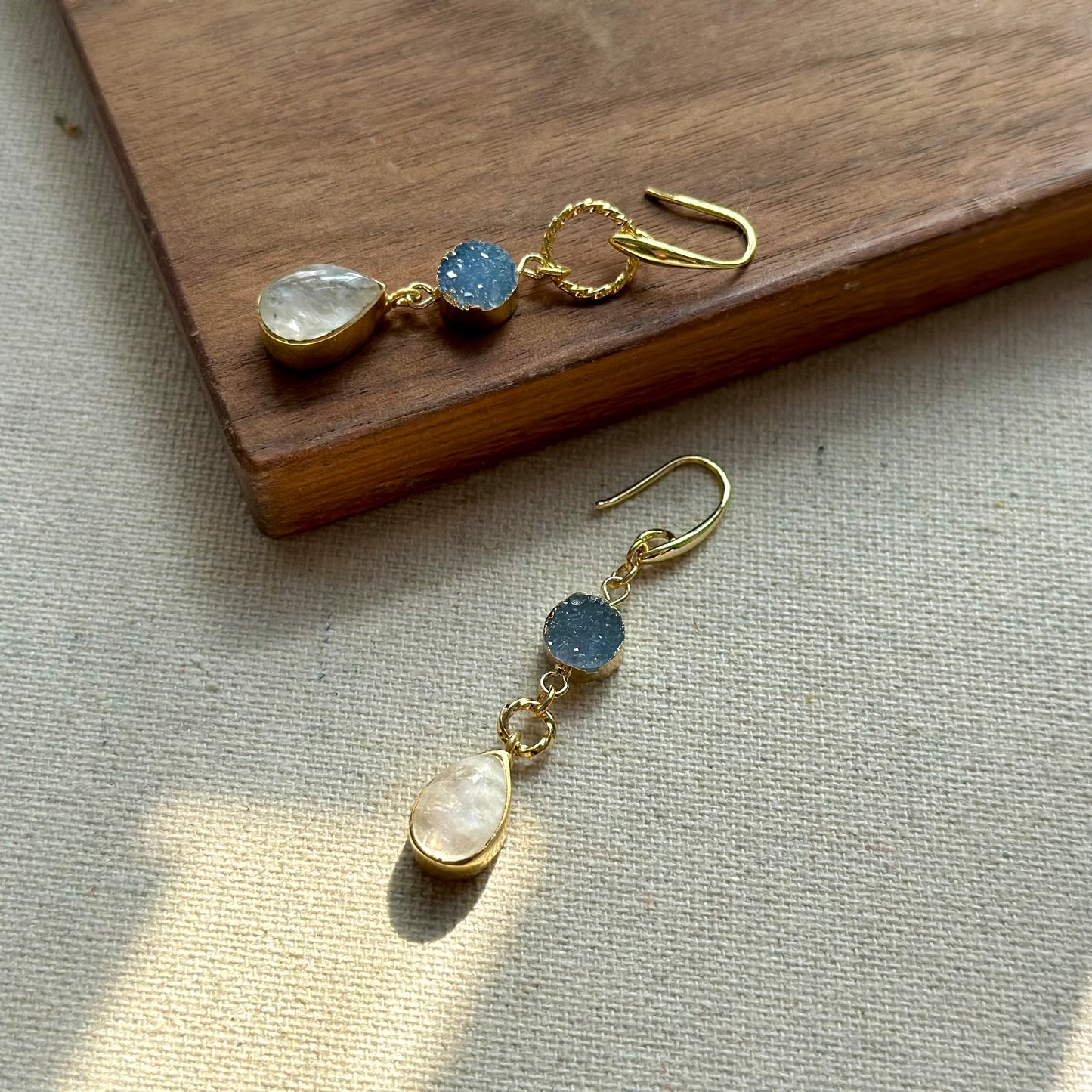 Moonstone And Blue Druzy Gold-plated Earring