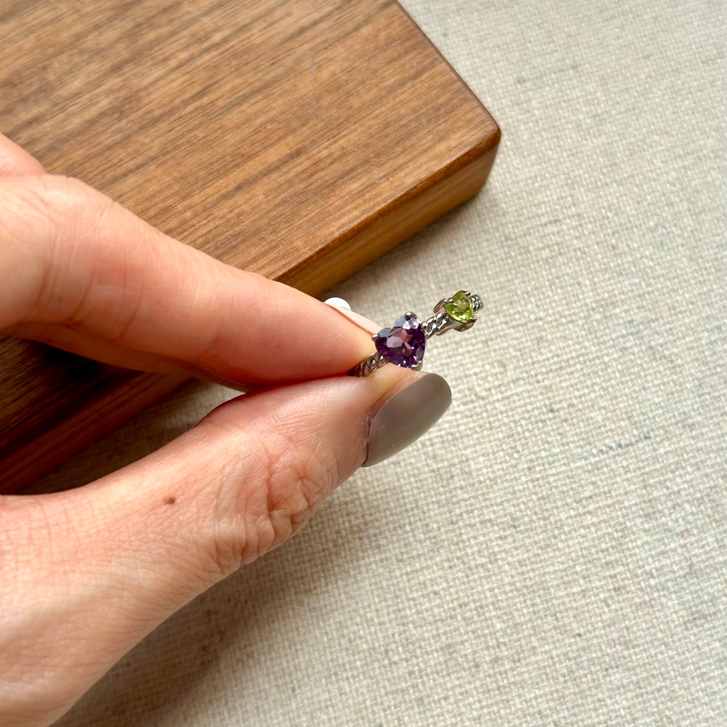 Amethyst And Peridot Heart Adjustable Sterling Silver Ring