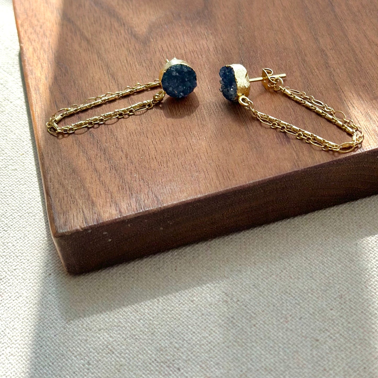 Blue Druzy And Chain Hoop-like Gold-plated Earring