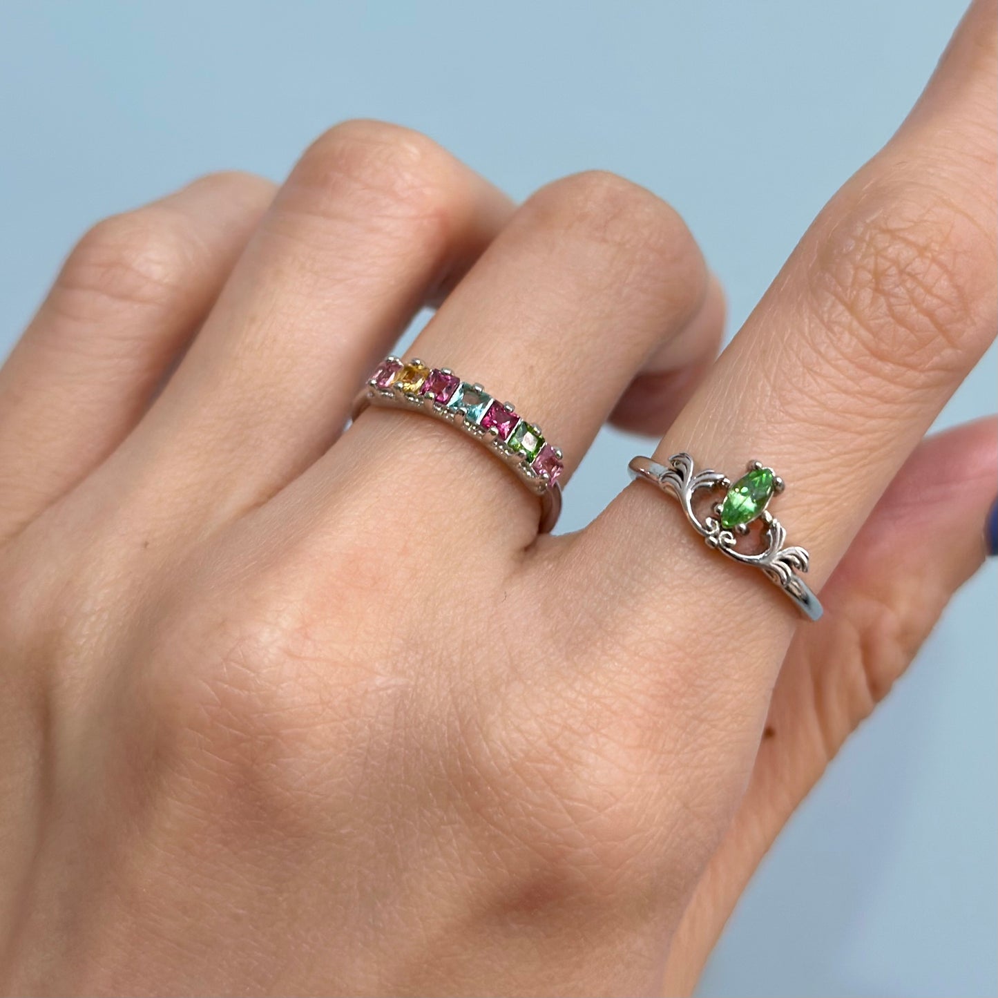 Mixed Tourmaline Prong Set Adjustable Sterling Silver Ring