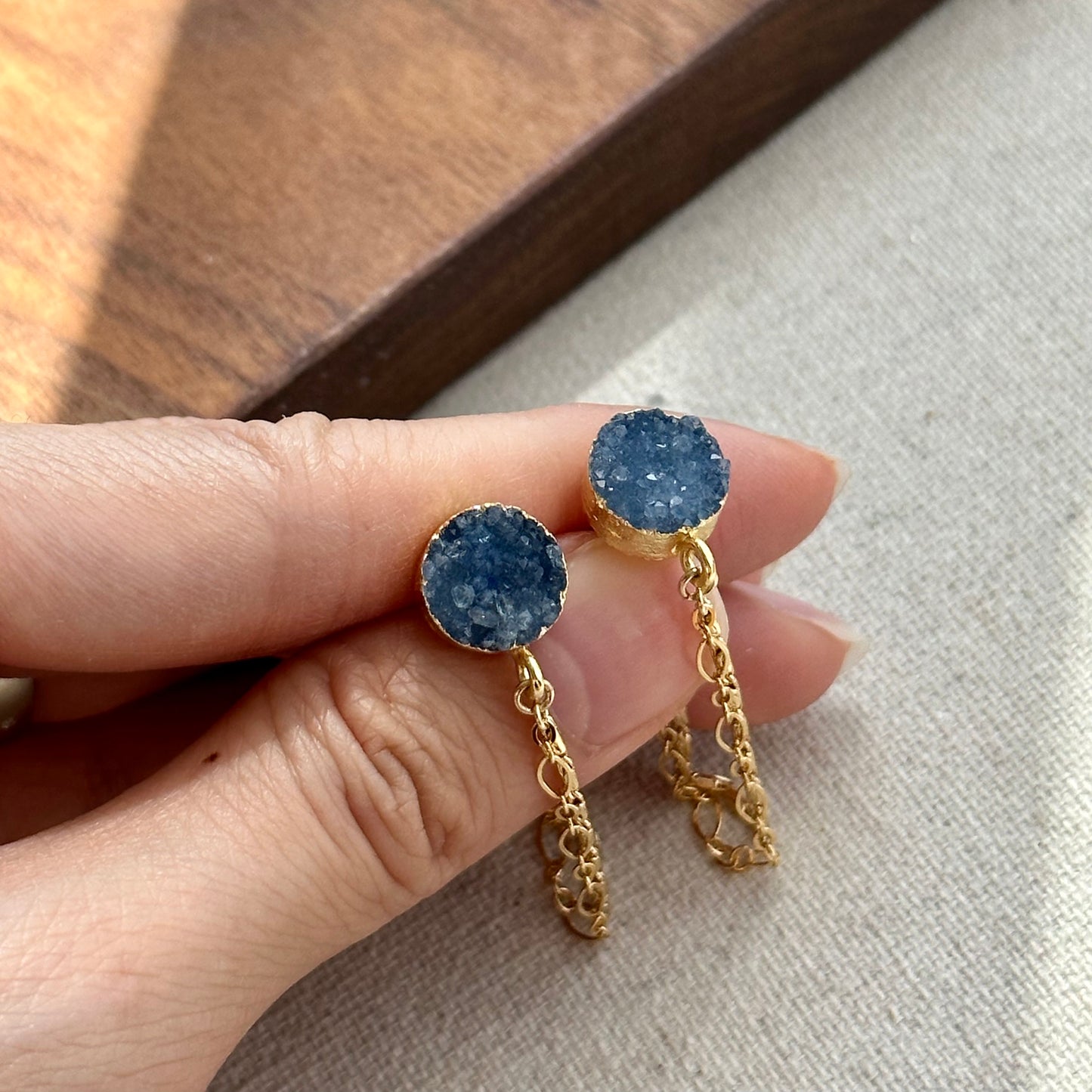 Blue Druzy And Chain Hoop-like Gold-plated Earring