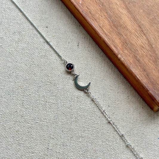 Garnet And Crescent Adjustable Sterling Silver Bracelet