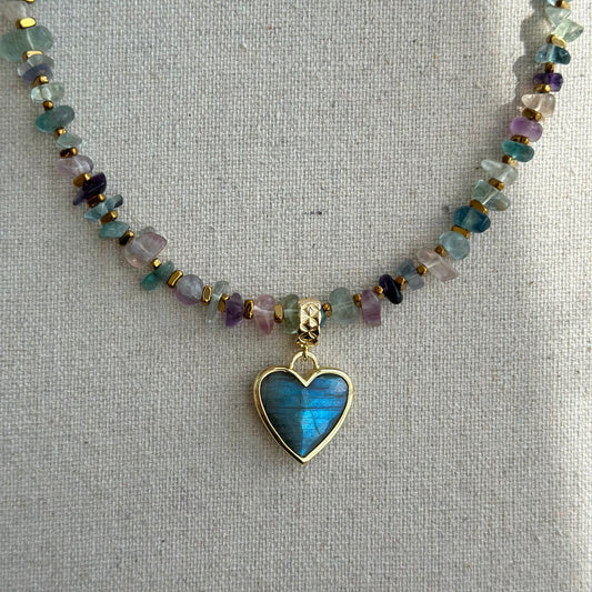 Labradorite Heart Pendant And Fluorite Beaded Two-way Necklace