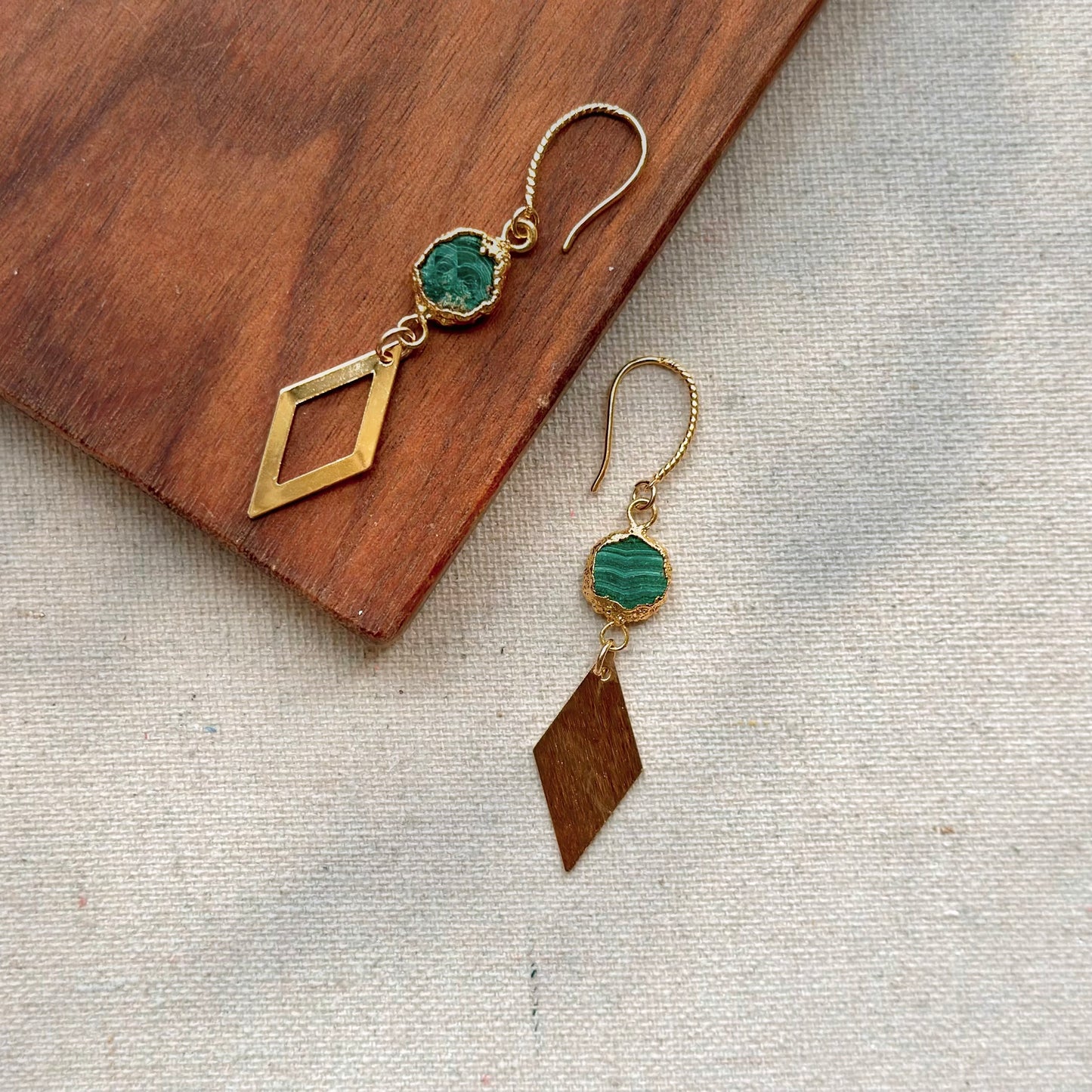 Malachite Asymmetric Rhombus Gold-plated Earring