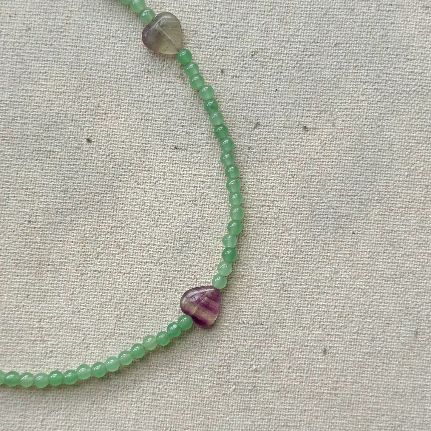 Fluorite Three Heart And Green Agate Beaded Necklace