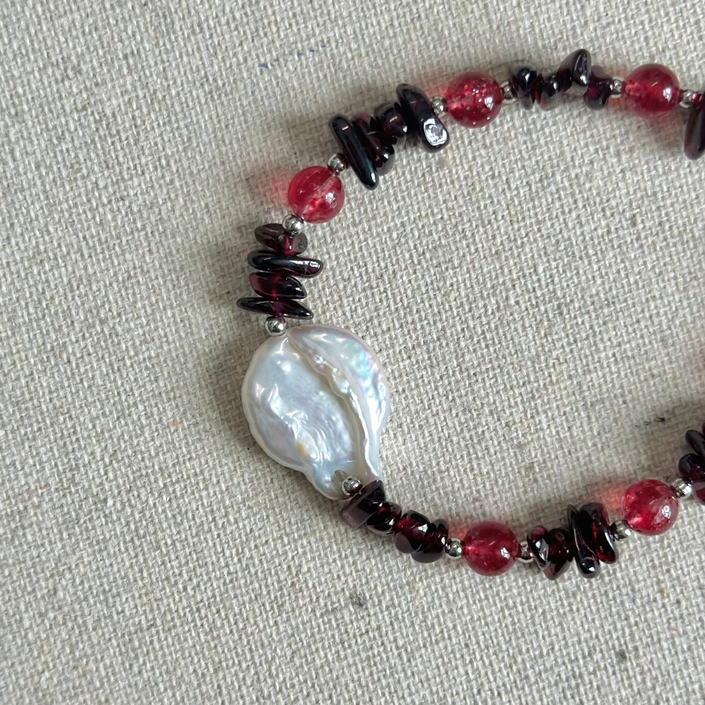 Garnet With Strawberry Quartz And Baroque Pearl Beaded Bracelet