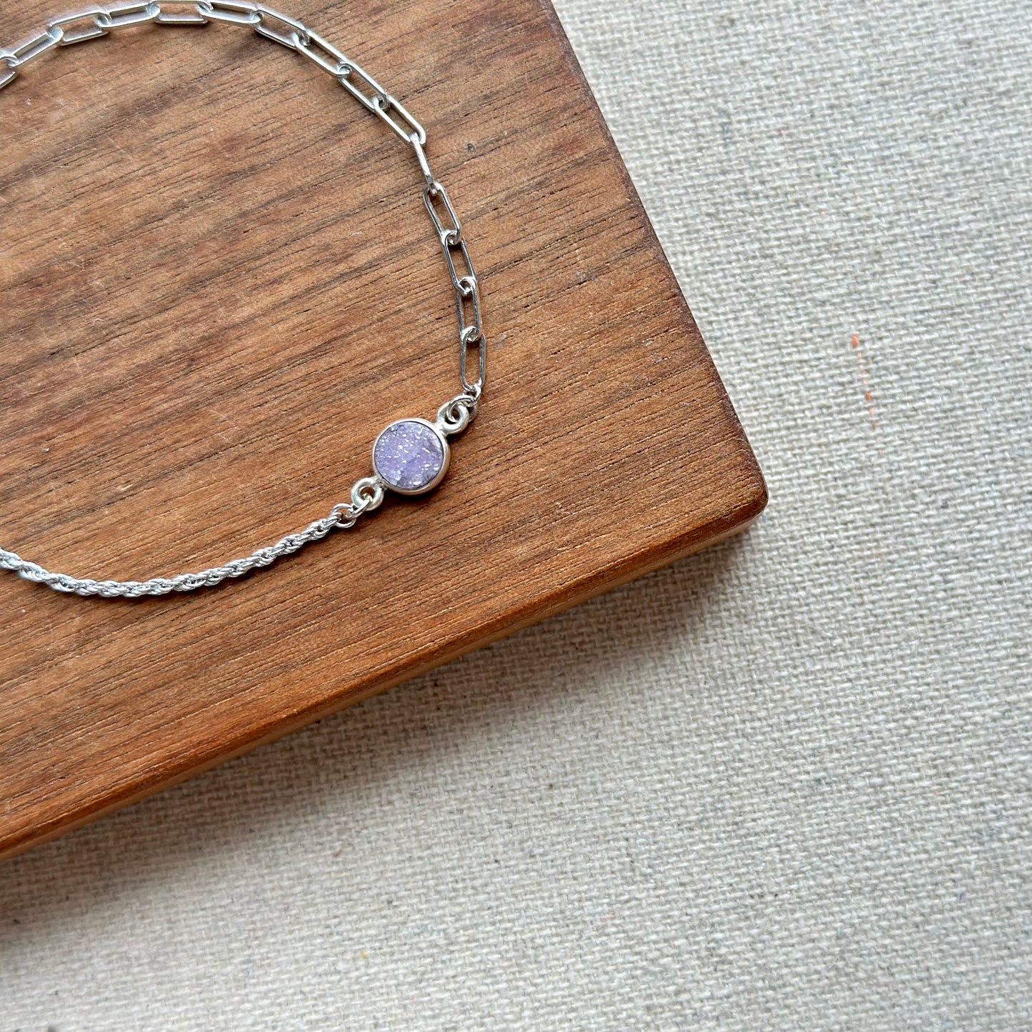 Druzy And Amethyst Adjustable Sterling Silver Bracelet