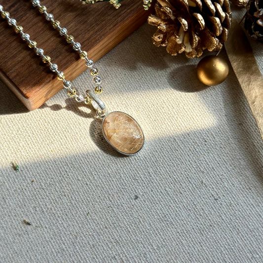 Golden Rutilated Quartz Pendant Two-tone Gold-plated Sterling Silver Necklace