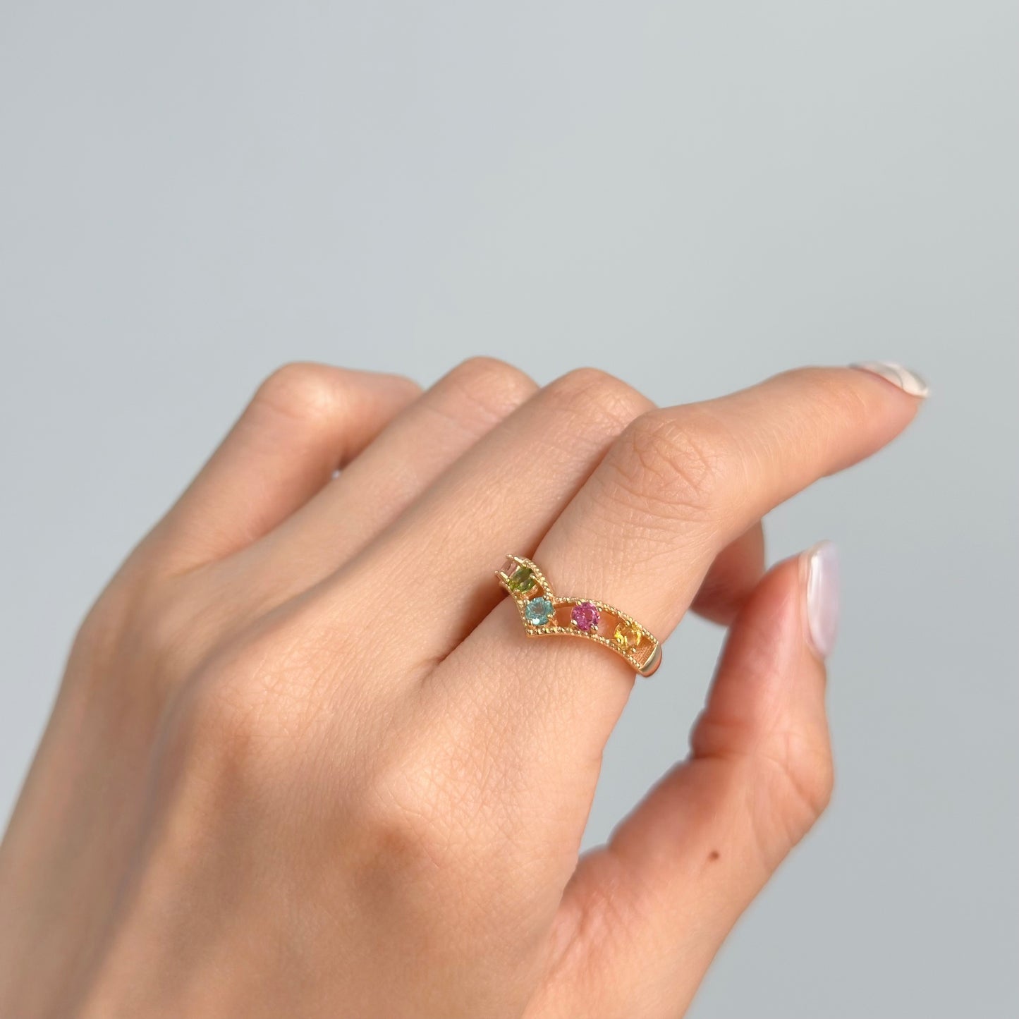 Mixed Tourmaline V-shaped Adjustable Gold-plated Ring