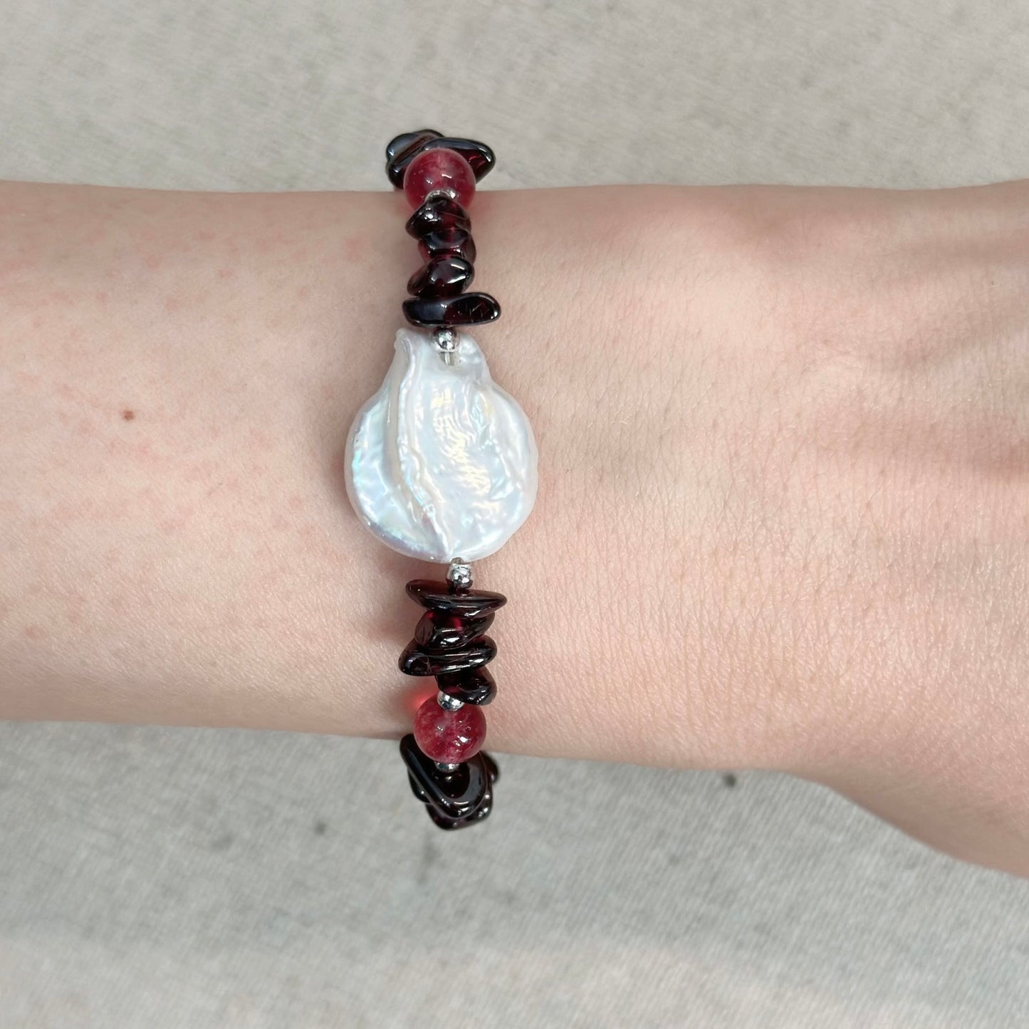 Garnet With Strawberry Quartz And Baroque Pearl Beaded Bracelet