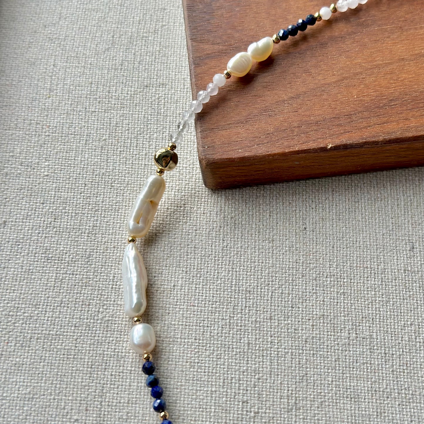 Moonstone And Lapis Mixed Freshwater Pearl Beaded Necklace