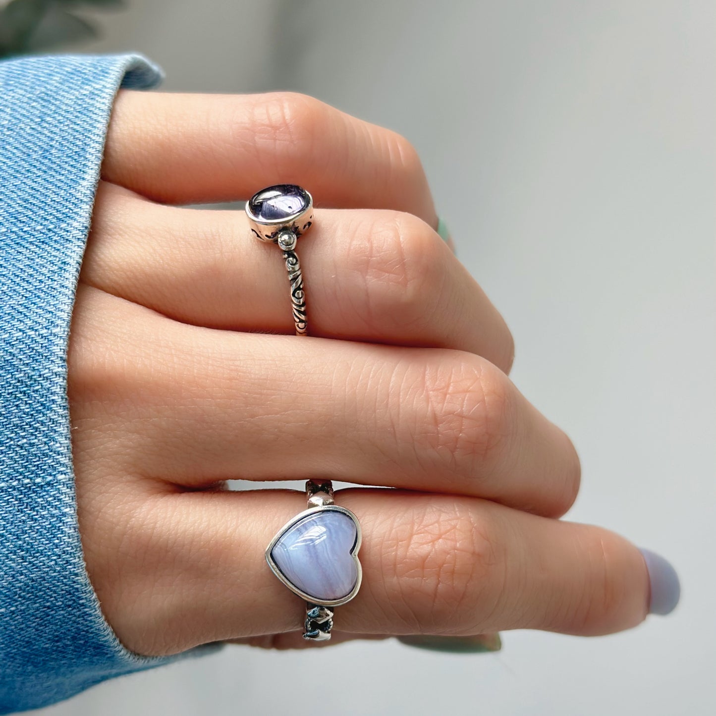 Blue Lace Agate Heart Adjustable Sterling Silver Ring