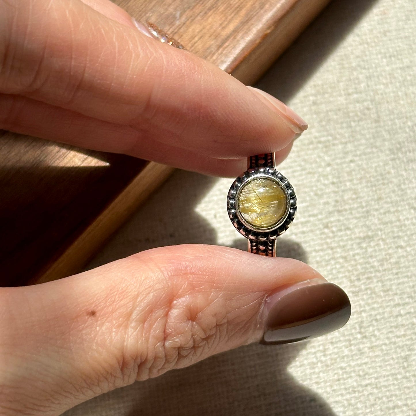 Round Golden Rutilated Quartz Adjustable Sterling Silver Ring