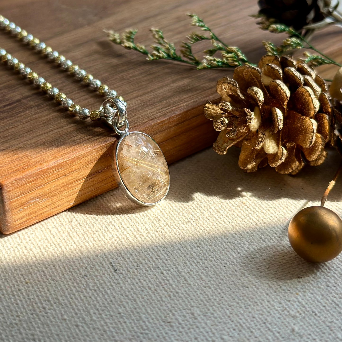 Golden Rutilated Quartz Pendant Two-tone Gold-plated Sterling Silver Necklace